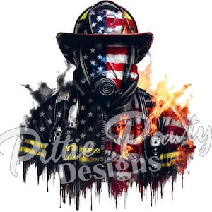 May include: A firefighter wearing a helmet and a gas mask, with an American flag design on their jacket and helmet. The firefighter is surrounded by flames and smoke.