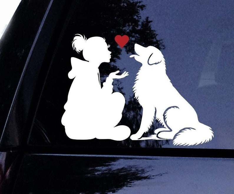 May include: A white silhouette of a person with short hair reaching out to a white silhouette of a dog. A red heart is floating between them.