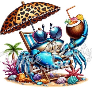 Blaue Krabbe PNG Digital Download - Beach Summertime Blaue Krabbe mit Kokosnussgetränk - PNG Sublimationsdesign für Shirt & Aufkleber