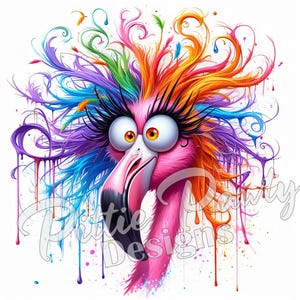 Flamingo PNG Cyfrowe pobieranie Humorystyczne szalone włosy Flamingo Ptak - PNG Drukowany Kolorowy Projekt Sztuki Sublimacji na Koszulki i Naklejki