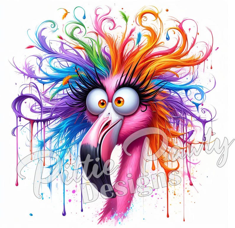 May include: A pink flamingo with colorful paint splatters and swirls in its hair. The flamingo has large eyelashes and big, round eyes. The background is white.