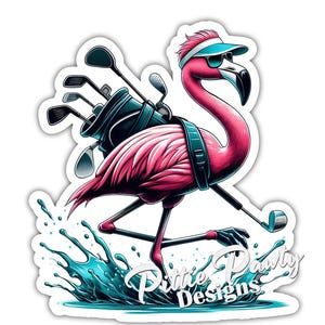 May include: A pink flamingo wearing sunglasses and a visor carries a golf bag with clubs on its back. The flamingo is running through a blue water splash with the text "Pittie Party Designs" below.