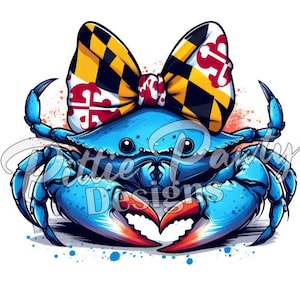Blaue Krabbe PNG Digital Download - Maryland Flagge Coquette Bow Claw Herz Krabbe - PNG File Art Sublimationsdesign für Shirt und Aufkleber Aufkleber