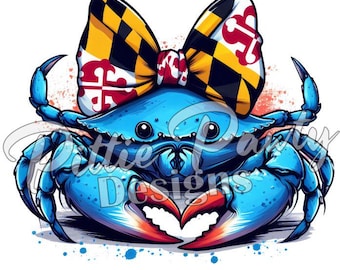 Könnte beinhalten: Ein blauer Krebs, der eine Schleife aus der Flagge des Bundesstaates Maryland trägt. Der Krebs ist karikaturhaft dargestellt und hat große, ausdrucksstarke Augen.