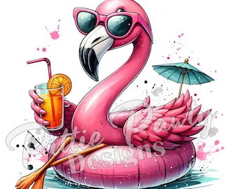 Flamingo PNG - Bebida tropical Pink Flamingo Splash - Chica de playa PNG Descarga digital - Diseño PNG para sublimación para camisetas y pegatinas