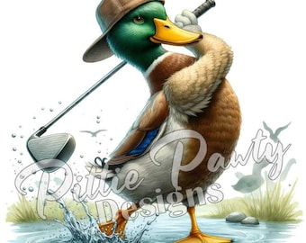 Mallard Duck PNG Digital Download - Mallard Duck Swinging Golf Club - Golfer Printable - PNG Sublimation Design for Shirt and Decal Stickers