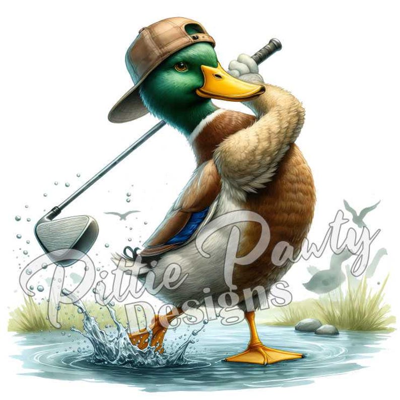 May include: A cartoon illustration of a green and brown duck wearing a brown baseball cap and holding a golf club. The duck is standing in a pond with water splashing around its feet.