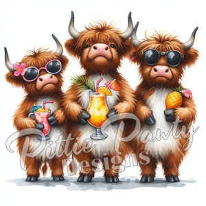 Highland Cow PNG Digital Download - Highland Cow Herd w/Tropical Drinks I - Farm Animal PNG Sublimation Design for Shirt and Decal Stickers