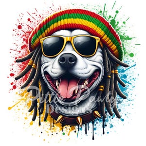 May include: A white pit bull terrier wearing a red, yellow, and green beanie with dreadlocks and sunglasses. The dog is smiling and has a studded collar. The background is a colorful splatter pattern.