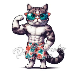 Peut inclure: Illustration d'un chat musclé portant des lunettes de soleil et un short de bain à motifs floraux. Le chat fléchit son biceps, mettant en valeur un physique défini. Les lunettes de soleil ont une monture rouge et des verres bleus. Le short de bain est rouge avec un motif floral.