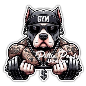 May include: A black and white pit bull dog with a muscular body and tattoos is wearing a black bandana with the word "GYM" on it, sunglasses, and a gold chain. The dog is lifting a barbell with weights on each end. The dog is also wearing a dollar sign charm on the chain.