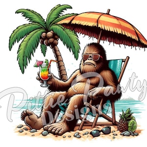 Sasquatch PNG Digital Download - Sasquatch Chillin' on Beach with Tropical Drink II - PNG Sublimation Design for Shirt and Decal Stickers