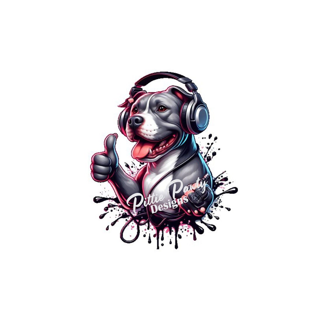Thumbs up Gray Pitbull W/ Headphones - Pit Bull Design - Instant