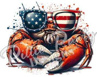 Blue Crab PNG Digital Download - American Steamed Crab Wearing Flag Sunglasses - PNG Sublimation Design for Shirt & Decal Stickers