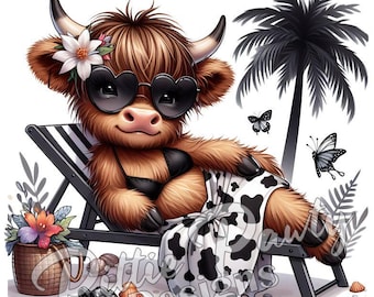 Highland Cow PNG Digital Download - Sexy Pose Highland Cow at Beach II - Cow Print - PNG Sublimation Design for Shirt and Decal Stickers