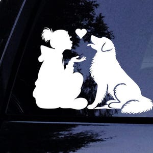 May include: White silhouette of a person with short hair blowing a kiss to a white silhouette of a dog. A small heart is between them.