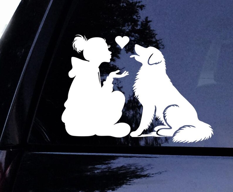 May include: White silhouette of a person with short hair blowing a kiss to a white silhouette of a dog. A small heart is between them.