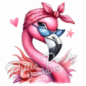PNG Digital Download - Sassy Flamingo Bird w/ Pink Bandana and Sunglasses - PNG  Color Art Sublimation Design for Shirt and Decal Stickers