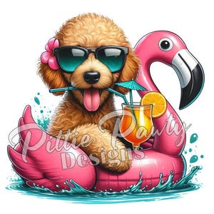 Goldendoodle PNG Pobieranie Cyfrowe - Goldendoodle w Pływającym Flamingu - Dziewczyna na Plaży PNG Projekt Sublimacji na Koszulki i Naklejki