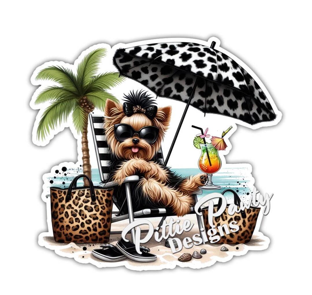 Yorkie Sticker - Everything Leopard Yorkie Beach Dog Decal Sticker ...