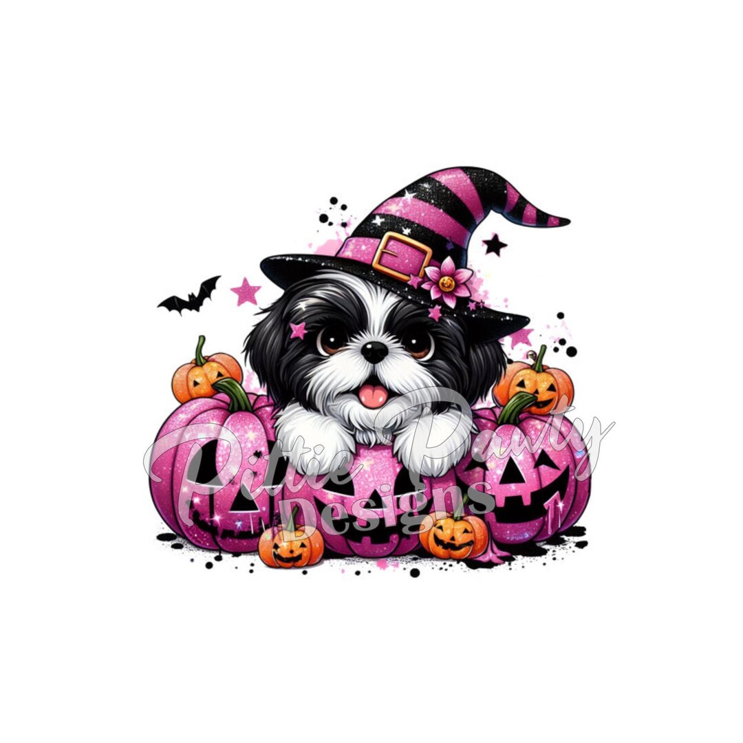 PNG Digital Download - Halloween Black / White Shih Tzu Pink Glitter ...