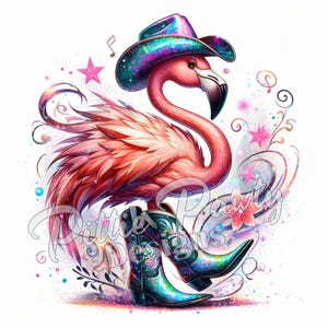 Peut inclure: Un flamant rose portant un chapeau de cowboy bleu scintillant et des bottes de cowboy turquoise. Le flamant rose se tient sur un fond blanc avec des volutes et des étoiles colorées.