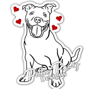 Pitbull Sticker - Sitting Smiling Pitbull Pittie Pit Hearts Dog Decal Sticker - Peel and Stick Sticker - Laptop, Car Window Decal Sticker