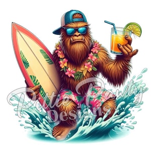 Sasquatch PNG do pobrania w wersji cyfrowej - Tropikalny hawajski surfer Sasquatch z napojem - Projekt sublimacji PNG na koszulki i naklejki