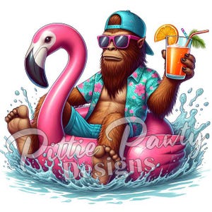 May include: A cartoon illustration of a furry creature wearing a blue and white Hawaiian shirt and a blue baseball cap, sitting in a pink flamingo pool float. The creature is holding a glass of orange juice and is surrounded by blue water.