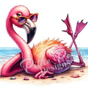 Flamingo PNG do pobrania w wersji cyfrowej - Sassy Flamingo Bird on Beach - Beach Girl - PNG Printable Sublimation Design for Shirt and Decal Stickers