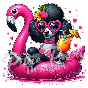Poodle PNG Digital Download - Summer Black Poodle Dog in Flamingo Float - Beach Girl - PNG Sublimation Design for Shirt and Decal Stickers