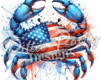 Crab PNG Digital Download - USA American Flag Blue Crab Watercolor Splatter - PNG Printable Sublimation Design for Shirt & Decal Stickers