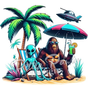 Sasquatch i Obcy PNG do pobrania w wersji cyfrowej - Sasquatch i Obcy Chillin' on Beach w/Drink - PNG Sublimacja Projekt na Koszulki i Naklejki