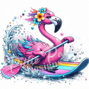 Flamingo PNG Digital Download -  Island Flamingo Riding Paddle Board - Beach Girl - PNG Sublimation Design for Shirt and Decal Stickers