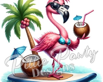 Flamingo PNG Digital Download - Paddle Board Beach Flamingo in Bikini with Coconut Drink - PNG Sublimation Design for Shirt & Decal Stickers