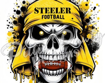 May include: A digital illustration of a skull wearing a yellow bandana with the words "STEELER FOOTBALL". The skull is holding a football in its mouth, with yellow and black paint splatter effects.