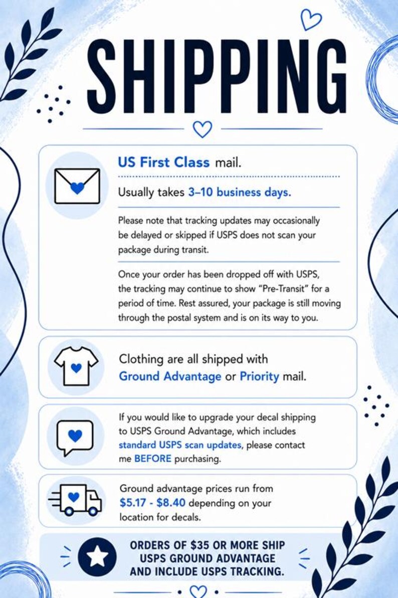 May include: A white informational graphic with blue text and decorative leaf accents. It features icons of an envelope, t-shirt, speech bubble, truck, and star, each containing a blue heart. The text outlines shipping policies and procedures.