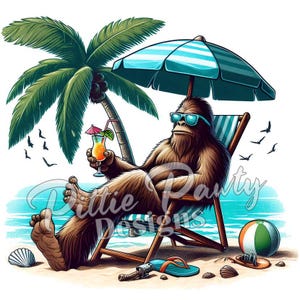 Sasquatch PNG Digital Download - Sasquatch Chillin' on Beach with Tropical Drink - PNG Sublimation Design for Shirt and Decal Stickers