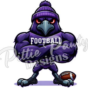 Raven Bird PNG Digital Download - Purple Raven Bird w/Football Wearing Beanie Hat - PNG Sublimation Design for Shirt and Decal Stickers