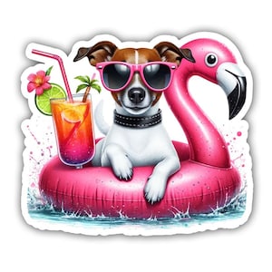 May include: A white and brown dog wearing sunglasses is floating in a pink flamingo pool float. The dog is holding a pink and orange cocktail with a lime wedge and a red flower.