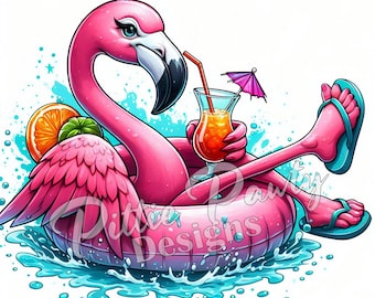Flamingo PNG - Flamingo Chillin on Float w/ Drink - PNG Digital Download - Beach Girl PNG Sublimation Design for Shirt and Decal Stickers