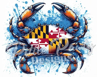 Blue Crab PNG Digital Download - Maryland Blue Crab Splatter - Maryland Flag - PNG File Art Sublimation Design for Shirt and Decal Stickers