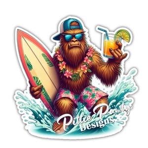 Sasquatch Sticker - Tropical Sasquatch Surfer with Drink Decal Sticker - Vinyl Car Window Decal Sticker Vibrant Colors Peel & Stick Sticker