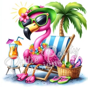Flamingo PNG Digital Download - Sassy Beach Flamingo Bird in Beach Chair - Beach Girl - PNG Sublimation Design for Shirt and Decal Stickers