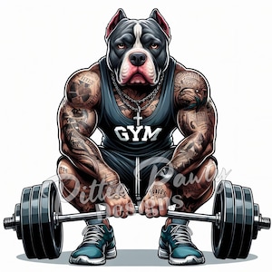 Pitbull PNG Digital Download Muscular Weightlifter Bully Pitbull Dog Lifting Barbell - PNG Sublimation Design for Shirt and Decal Stickers