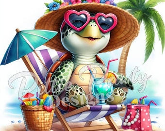 Turtle PNG Digital Download - Watercolor Sea Turtle at the Beach - Beach Girl - PNG Sublimation Design for Shirt and Decal Stickers