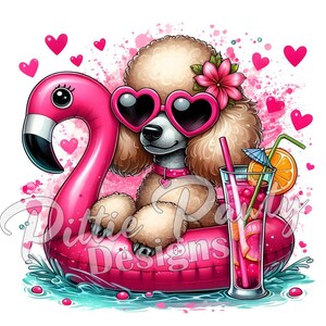 Poodle PNG - Summer Poodle Dog in Flamingo Float - Beach Girl PNG Digital Download - PNG Sublimation Design for Shirt and Decal Stickers