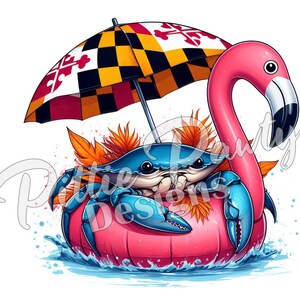 May include: A whimsical illustration of a blue crab on a pink flamingo float, under a colorful umbrella. The crab has large blue claws and is surrounded by orange leaves. The umbrella features a black, yellow, and white pattern. Water splashes around the float.