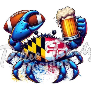 Crab PNG Digital Download - Maryland Crabs Football and Beer Splatter - Blue Crab PNG Sublimation Design for Shirt and Decal Stickers