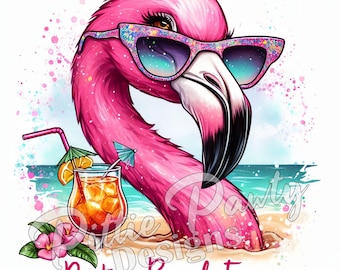 Flamingo PNG Digital Download Resting Beach Face Flamingo Bird & Drink - Beach Girl PNG Sublimation Design for Shirt and Decal Stickers